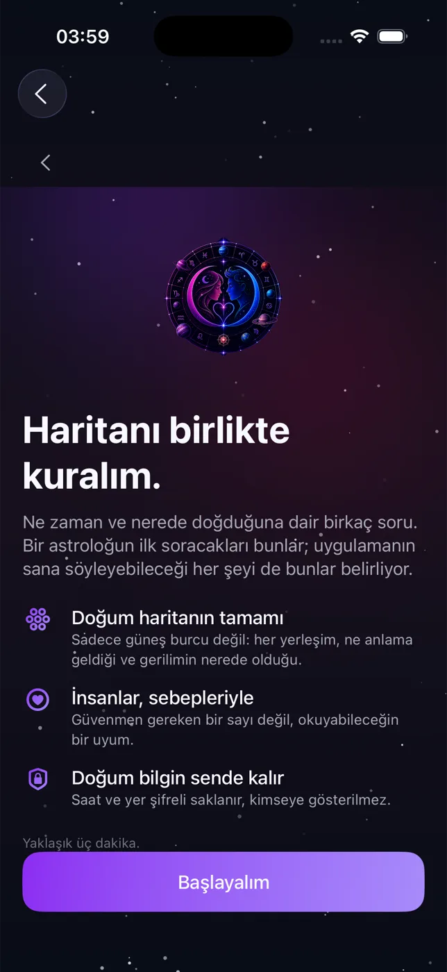 The AstroHi welcome screen: your whole birth chart, people with their reasons, your birth details stay yours